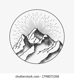 Mountains peak round circled logo or badge or sticker tattoo dotwork design for mountains poster or post or flyer design. Vector illustration