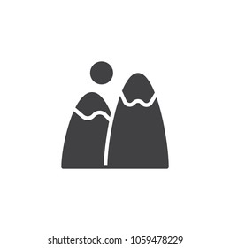 Mountains peak and sun vector icon. filled flat sign for mobile concept and web design. mountain landscape simple solid icon. Symbol, logo illustration. Pixel perfect vector graphics