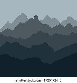 Las montañas alcanzan el fondo. Concepto gráfico para su diseño. Las montañas bosquejan paisaje con colinas, paisaje montañoso. Diversidad de las montañas. Ilustración vectorial sobre fondo blanco. Para tarjetas, afiches.