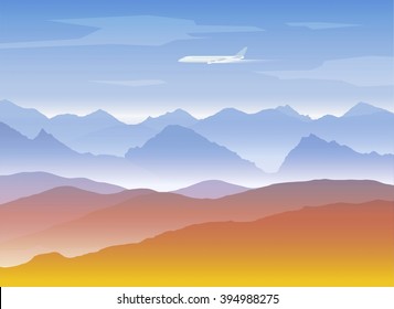 mountains peaks background with plane