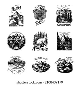 Mountains peaks and bear and hare or rabbit. Forest Trees and tent and sun. Nature landscape with fir trees. Camping logolabel. Adventure Badge. Hand drawn old vintage Sketch in engraved outline style