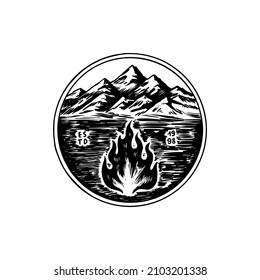 Mountains peaks and Bonfire or flame. Camping logo and label. Trip in the forest, outdoor. Adventure. Badge on the chalkboard. Hand drawn old vintage pin. Sketch in engraved outline style. 