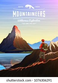 Mountains Peaks card or brochure. Tourism on nature. Landscape early in a daylight. Outdoor hill tops. Vintage Poster or background. template of flyer, book cover and badge.