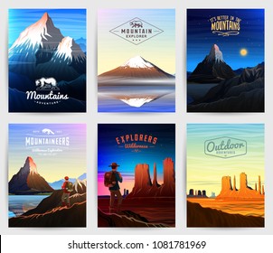 Mountains Peaks card or brochure. Tourism on nature. Landscape early in a daylight. Outdoor hill tops. Set of Vintage Poster or background. template of flyer, book cover and badge.