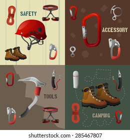 Mountains peaks climbing 4 flat icons composition poster with camping safety accessories tools abstract isolated vector illustrations