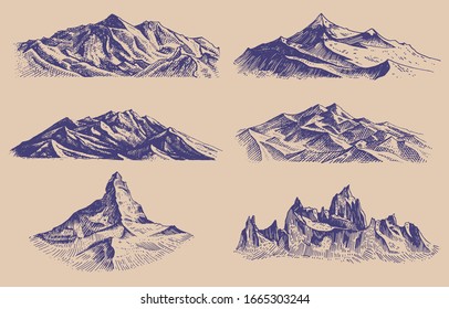 Mountains peaks and climbing hill. Hand drawn Vintage old sketch. Set of elements in engraved style. Alpine high elevations for hiking posters, tattoos or t-shirts.