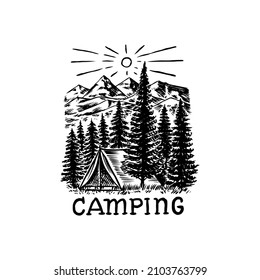 Mountains peaks. Forest Trees and tent and sun. Nature landscape with fir trees. Camping logolabel. Adventure. Badge on the chalkboard. Hand drawn old vintage pin. Sketch in engraved outline style.