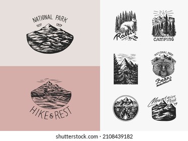 Mountains peaks. Forest Trees and tent and sun. Nature landscape with fir trees. Camping logolabel. Adventure. Badge on the chalkboard. Hand drawn old vintage pin. Sketch in engraved outline style.