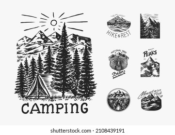 Mountains peaks. Forest Trees and tent and sun. Nature landscape with fir trees. Camping logolabel. Adventure. Badge on the chalkboard. Hand drawn old vintage pin. Sketch in engraved outline style.