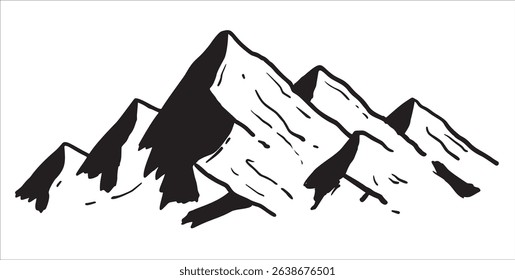 Mountains, peaks, hand-drawn bold ink sketch of jagged mountain range in classic style. Suits nature designs or travel themes.