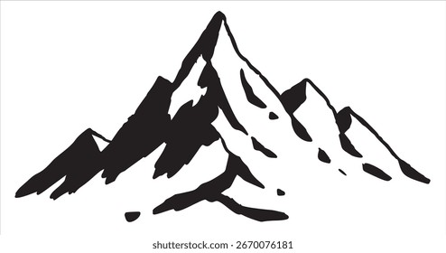 Berge, Gipfel, kontrastreiche Bergdarstellung im schwarzen Tintenstil. Saubere minimale Linienführung für Naturthemen geeignet.