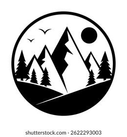Mountains peaks illustration with pine trees, sun, and flying birds set inside a circle frame. High-contrast silhouette art. Perfect for outdoors nature themed projects.