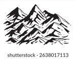 Mountains, peaks, ink mountain drawing with bold black strokes and minimal detail. Ideal for vintage or outdoor artwork.
