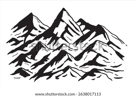 Mountains, peaks, ink mountain drawing with bold black strokes and minimal detail. Ideal for vintage or outdoor artwork.