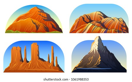 Mountains Peaks, landscape early in a daylight, big set. monument valley, matterhorn, roraima and rainbow. travel or camping, climbing. Outdoor hill tops.