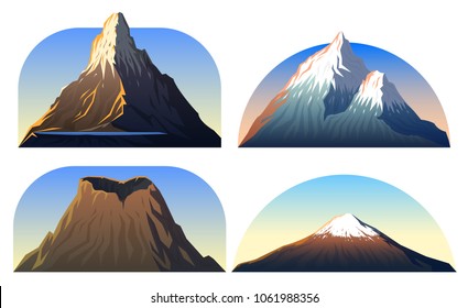 Mountains Peaks, landscape early in a daylight, big set. matterhorn, fuji or vesuvius, devils tower, everest. travel or camping, climbing. Outdoor hill tops