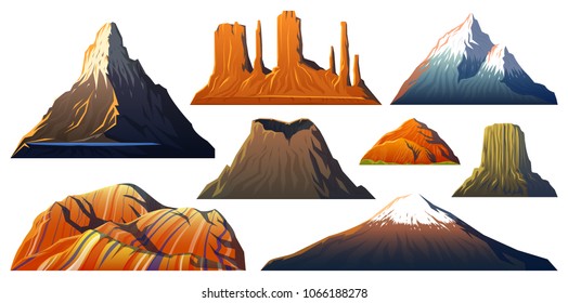 Mountains Peaks, landscape early in a daylight, big set. monument valley, matterhorn, roraima, fuji or vesuvius, devils tower, everest or rainbow. travel or camping, climbing. Outdoor hill tops