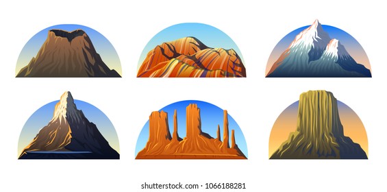 Mountains Peaks, landscape early in a daylight, big set. monument valley, matterhorn, roraima, fuji or vesuvius, devils tower, everest or rainbow. travel or camping, climbing. Outdoor hill tops