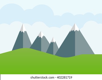 Montanhas atingem picos de neve. Ilustração simples de paisagem vetorial.
