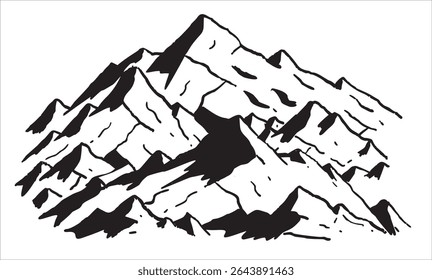 Mountains, peaks, stylized monochrome sketch of mountain range in ink. Rugged and wild aesthetic for artistic and nature visuals.