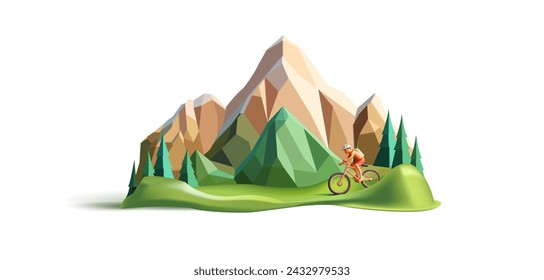 Montañas pedazo de tierra con viajero ciclista con mochila montando una bicicleta en la montaña, ilustración de render 3d