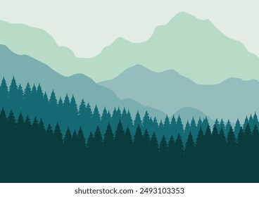 Panorama-Vektorillustration Berge und Kiefernwald.