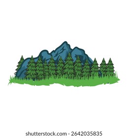 mountains with pine forest with separate white background