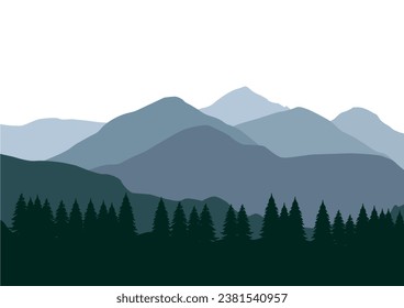 Mountains with pine forest. Vector illustration in flat style.