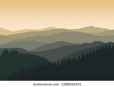 mountains and pine forest. Vector illustration in flat style.