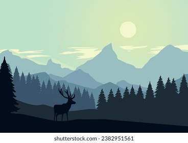 Mountains and pine forests with deer. Vector illustration in flat style.