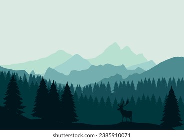 Mountains and pine forests with deer. Vector illustration in flat style.