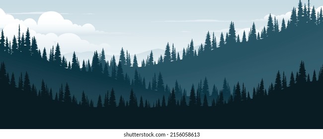Mountains and pine forests in the morning.
