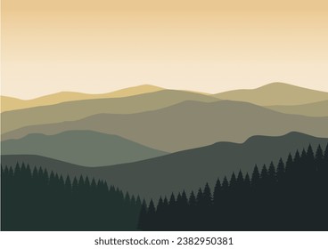 Mountains and pine forests. Vector illustration in flat style.