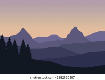 Mountains and pine forests. Vector illustration in flat style.