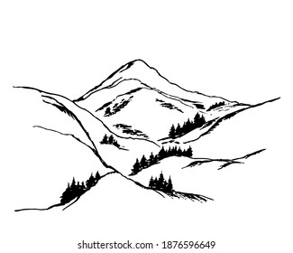 Mountains with pine trees and black landscape on a white background. Hand sketch in pencil. Rocky peaks in a graphic style.