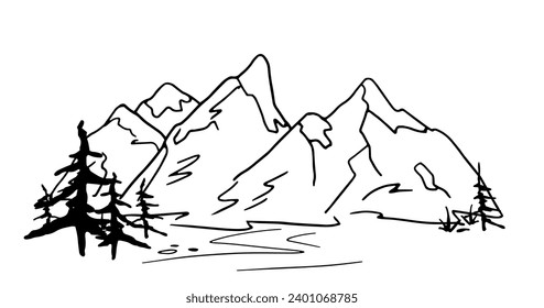 Mountains with pine trees in doodle style. Hand drawn  landscape.