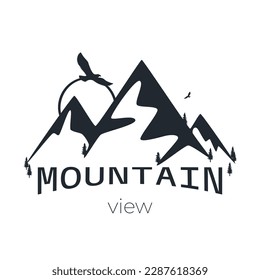 mountains and pine trees and flying eagles black and white vector illustration