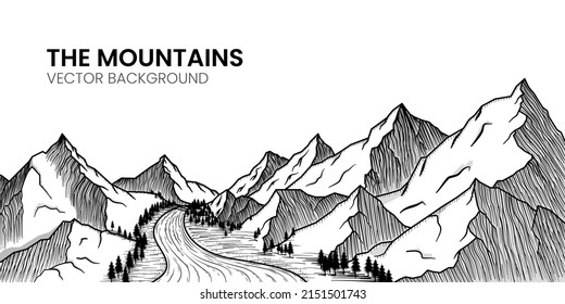 Mountains with pine trees and river landscape sketches on white background