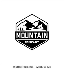 Mountains and pine trees with rivers in a classic style design badge