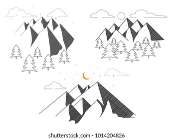 Mountains pines  and clouds  outline vector illustration.