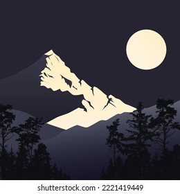 Mountains and pines on a moonlit night. Vector illustration of a mountain landscape with pine trees on a moonlit night. Sketch for creativity.