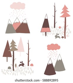 Mountains, pines and rabbit vector illustration. Cute seamless pattern for girls. Tribal boho style with hand drawn elements in pink and gray. 