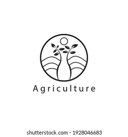 mountains and plants vector circle farm logo design outline illustration