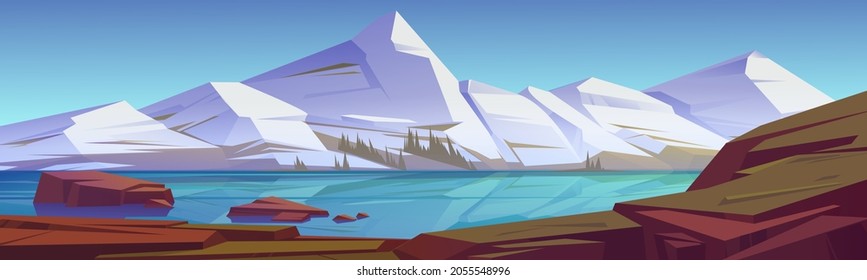 Mountains Pond Or Lake Nature Landscape, Scenery View. White Snowy Rocks Peaks And Calm Clear Water Surface Under Blue Sky Tranquil Parallax Background, Natural 2d Scene, Cartoon Vector Illustration