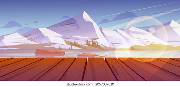 Mountains pond or lake nature landscape, scenery view from wooden pier. Tranquil background white snowy rock peaks and calm clear water under blue sky natural 2d scene, Cartoon vector illustration