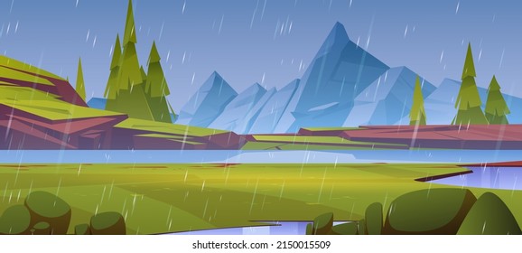 Mountains pond or lake at rainy day nature landscape. Scenery rock peaks, green grass field and water surface under rain fall from dull sky picturesque natural background Cartoon vector illustration