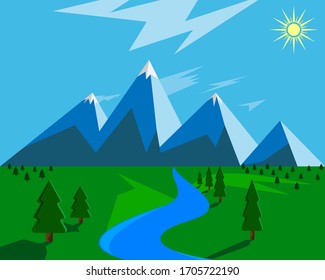 mountains pond and trees with clouds and sun