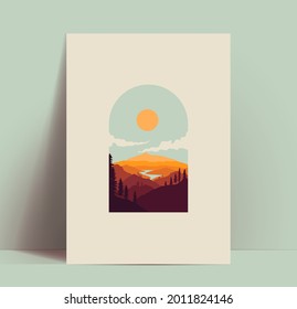 Mountains poster or card or banner design template with beautiful mountains landscape with sun in arch doorway silhouette. Vector illustration