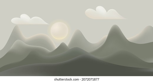 Mountains in poster design. Landscape background with sun and clouds in the style of a banner in fashionable olive green tones. Geometric pattern with wavy shape and gradients. Abstract vector art.