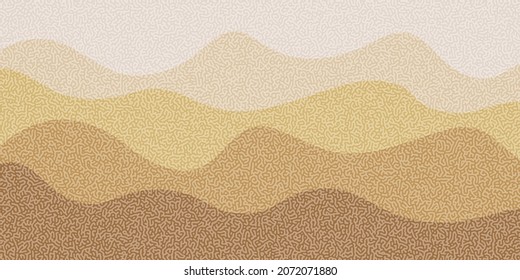 Mountains in poster design. Landscape background in the style of a banner in fashionable beige and brown colors. Geometric pattern with wavy shape and interesting texture. Abstract vector art.